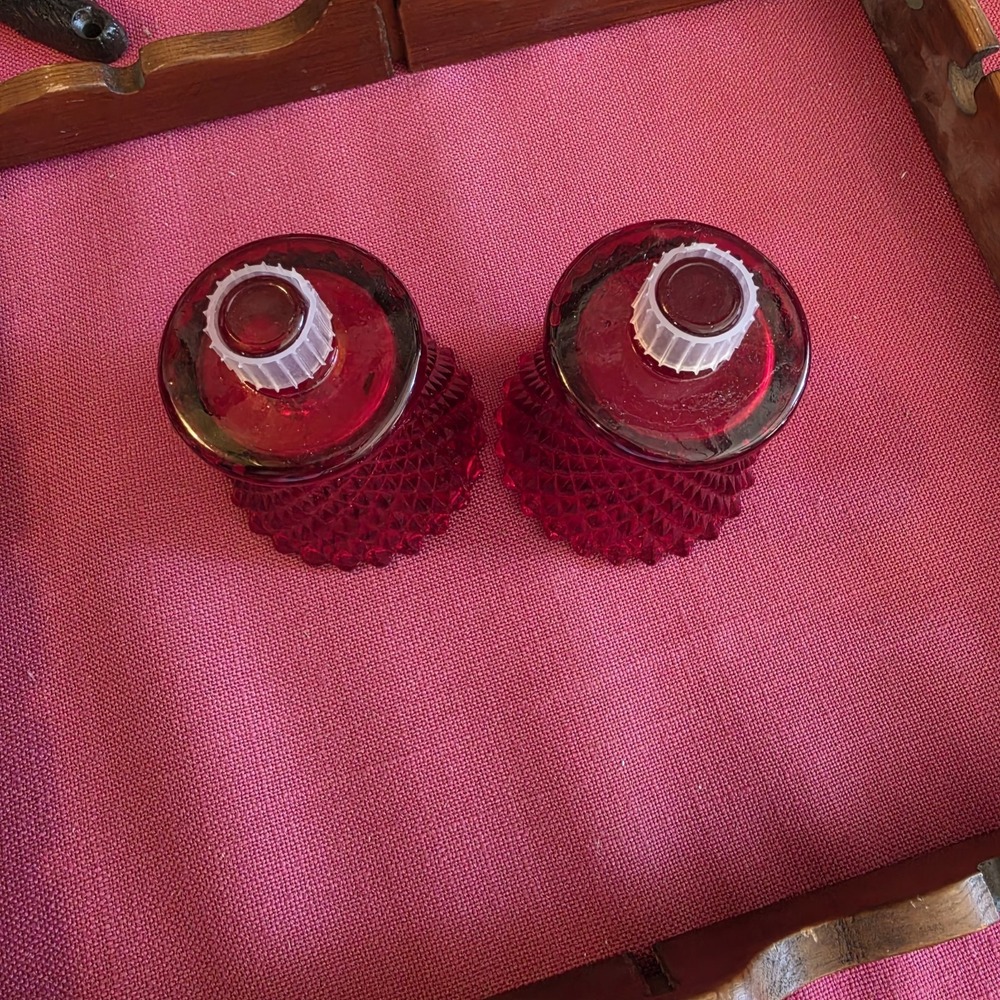 Vintage Red Diamond Point Peg Glass Votive Candle Holder 3 1/2" 2pc - Picture 2 of 3